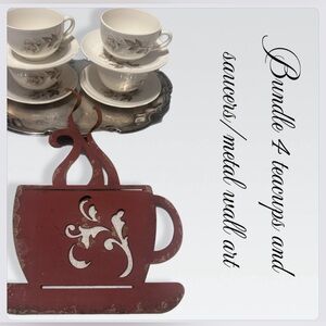 Vintage set of four tea cups/saucers ,metal wall art bundle